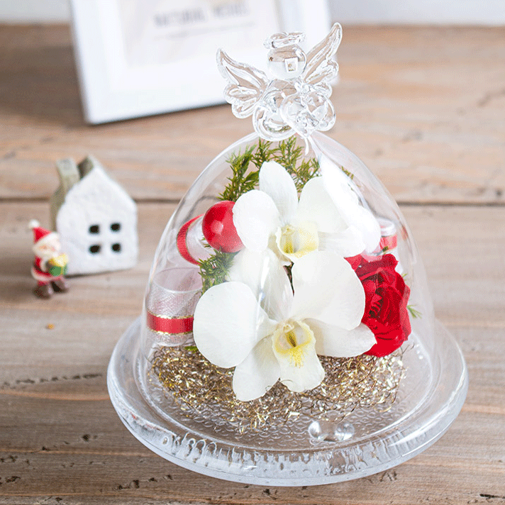 枯れない洋ランギフト 国産ボトルフラワー 『森のグラスブーケ 「エンジェル ベル」』デンファレの生花を使用。お手入れ不要の永遠花ガラスドーム お誕生日プレゼント プリザーブドフラワー ガラスドーム《母》