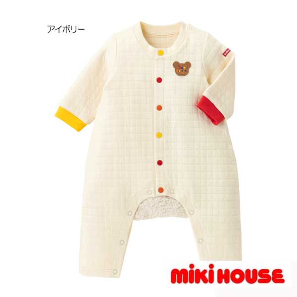 mikihouse(ミキハウス) ホットビスケッツ　カバーオール　73-1201-497（70cm・80cm） 商品説明 人気の顔ドンシリーズのカバーオールです。 おしりのふわふわなビーンズがより季節感のある印象に。 また、寝返りやハイハイを頑張るお子さまの姿がよりかわいらしく見えます。 ホットビらしいカラフルな袖口のリブやボタンとアイボリーの色味は、性別問わずに着ていただけます。 ・やわらかな肌触りでやや厚みのあるニットキルト素材で冬に最適 ・ホックボタンで股下まで全開するので、お着替えやオムツ替えにも便利 ・おしりはゆったりマチつきで、活発なお子さまの動きを妨げません ・お揃いのベビーパンツ(73-3206-498)とのリンクコーデもおすすめ ～サイズの目安～ ・70cm…6か月頃 ・80cm…1歳頃