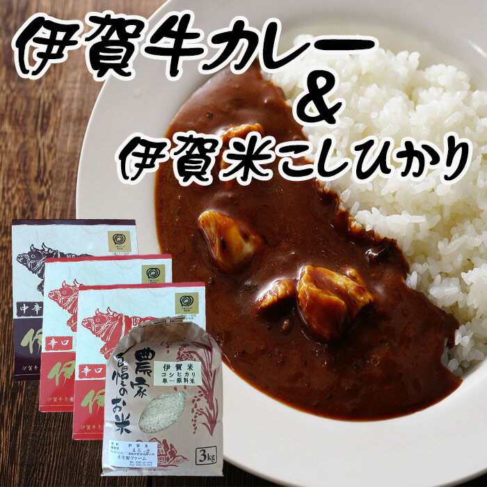 国産 黒毛和牛 ギフト セット 【伊賀牛カレー3食＆伊賀産こしひかり3kg】三重県産 送料無料