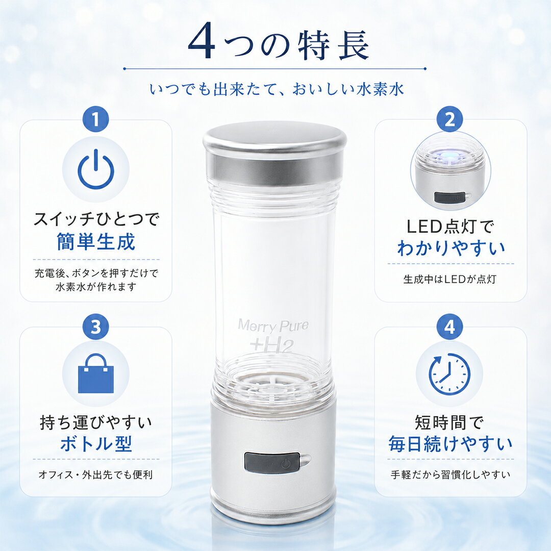 水素水 水素水生成器 日本製 水素水 ボトル ポータブル Merry Pure ＋H2 ボトル タ...