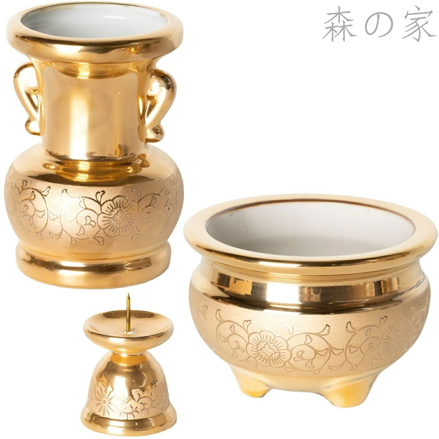 【送料無料】仏具 金唐草 （香炉＆ロウソク立て＆花瓶）3点セット 陶磁器 仏壇 お茶 お供え ゆのみ ミニ 本金焼き付け 日本製