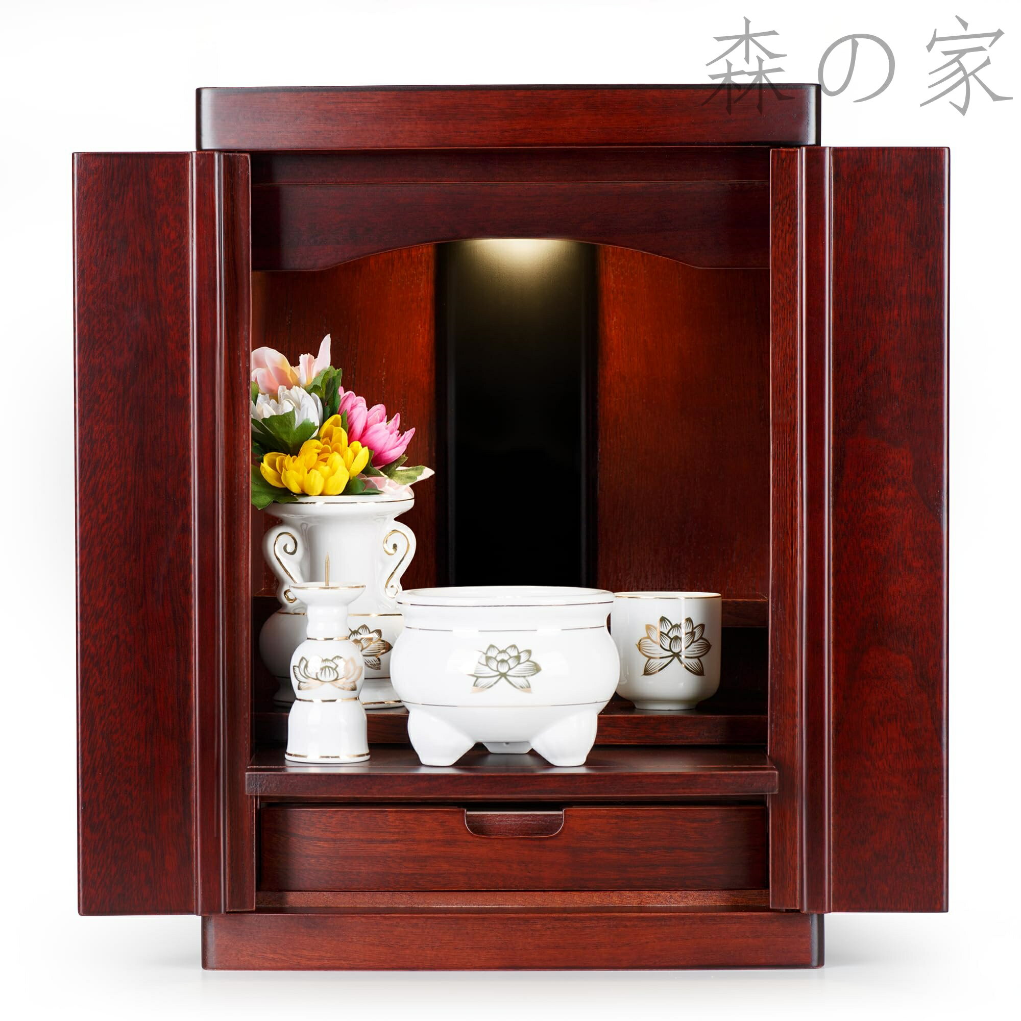 【送料無料】(LED照明付) 幅32cm 奥行き25cm 高さ45cm【天然桐材/小型仏壇 ミニ モダン/家具調/軽量】和室/洋室/コンパクト リビング おしゃれに最適 (紫檀色)