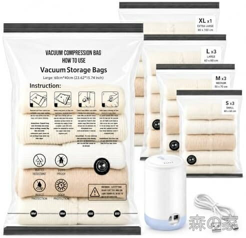 商品の特徴・【10枚セット・4サイズで使い分け】Sサイズ3枚（40×60cm）、Mサイズ3枚（50×70cm）、Lサイズ3枚（60×80cm）、XLサイズ1枚（80×100cm）の合計10枚セット。Tシャツ、下着、タオル、セーター、コート、毛布など、収納物に合わせてサイズを選べます。旅行・出張・衣替え・引っ越しなど、さまざまなシーンで活躍します。・【1台2役・吸引も充気もこれ1台】コードレス電動ポンプ付きで、圧縮袋の空気抜きから浮き輪やエアマットの空気入れまで幅広く対応。4種類のノズルを付属し、さまざまなバルブサイズに適合します。Type-C充電式で持ち運びも簡単。約135L/minのパワフル送風と約3700Paの吸引力により、衣類や布団を素早く圧縮できるだけでなく、アウトドア用品の空気入れも手軽に行えます。・【最大約80%省スペース・旅行バッグをすっきり整理】衣類やタオルを圧縮することで、かさばる荷物をコンパクトにまとめられます。20・24・28インチのスーツケースにも合わせやすく、荷物の分類収納にも最適。旅行前のパッキングだけでなく、自宅のクローゼット、押し入れ、引き出し収納にもおすすめです。※圧縮率は収納物の素材や量により異なります。・【二重チャック＆逆流防止弁でしっかり密封】二重チャック設計と逆流防止バルブにより、空気の戻りを抑えてしっかり密封できます。圧縮後は専用キャップでバルブ部分を閉じることで、長時間すっきり収納しやすい構造です。透明タイプなので中身が見やすく、必要な衣類をすぐに見つけられます。・【丈夫で再利用可能・衣類を清潔に保管】PA＋PE素材を採用し、破れにくく繰り返し使いやすい収納バッグです。防水・防塵仕様で、衣類を湿気やホコリから守りながら保管できます。旅行用として使った後も、季節衣類、毛布、厚手のコート、タオルなどの自宅収納袋として再利用できます。お客様都合のキャンセルはお控えください。また他モールにて併売を行っており、Amazon 社のFBA マルチチャネルサービスを一部活用しております。梱包にAmazon ロゴの記載やAmazonの配達員が商品をお届け、また置き配になる可能性がございますので予めご了承ください。