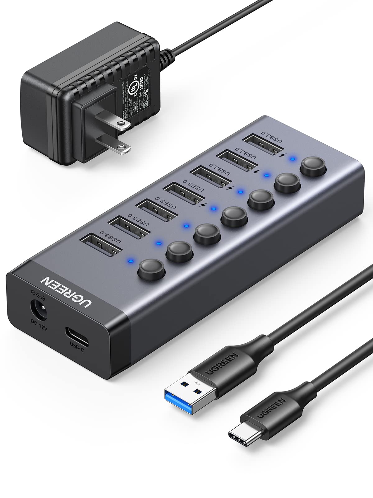 Rakuten - 【送料無料】ハブ 7ポート3.0 hub 5Gbps高速伝送 セルフパワー対応 DC12V/2A ACアダプタ付き 独立スイッチ付 C to Aケーブル 1m 7ポート拡張