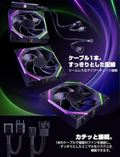 120mm 静音 逆回転 3個セット デイジーチェーン接続対応 ARGB PWM 2000RPM 底面/側面吸気用 ブラック - angle 2