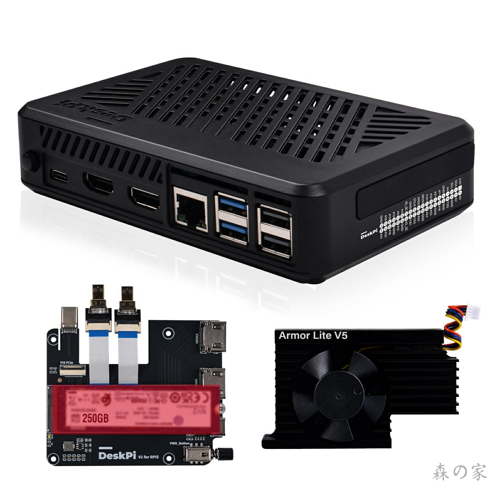 【送料無料】GeeekPi DeskPi Lite Pi5 ケース 電源ボタン、PCIe to M.2 HAT、アクティブクーラー、デュアルフルサイズHDMI、Raspberry Pi 5用、M.2 NVMe M-Key 2230/2242/2260/2280 SSD対応