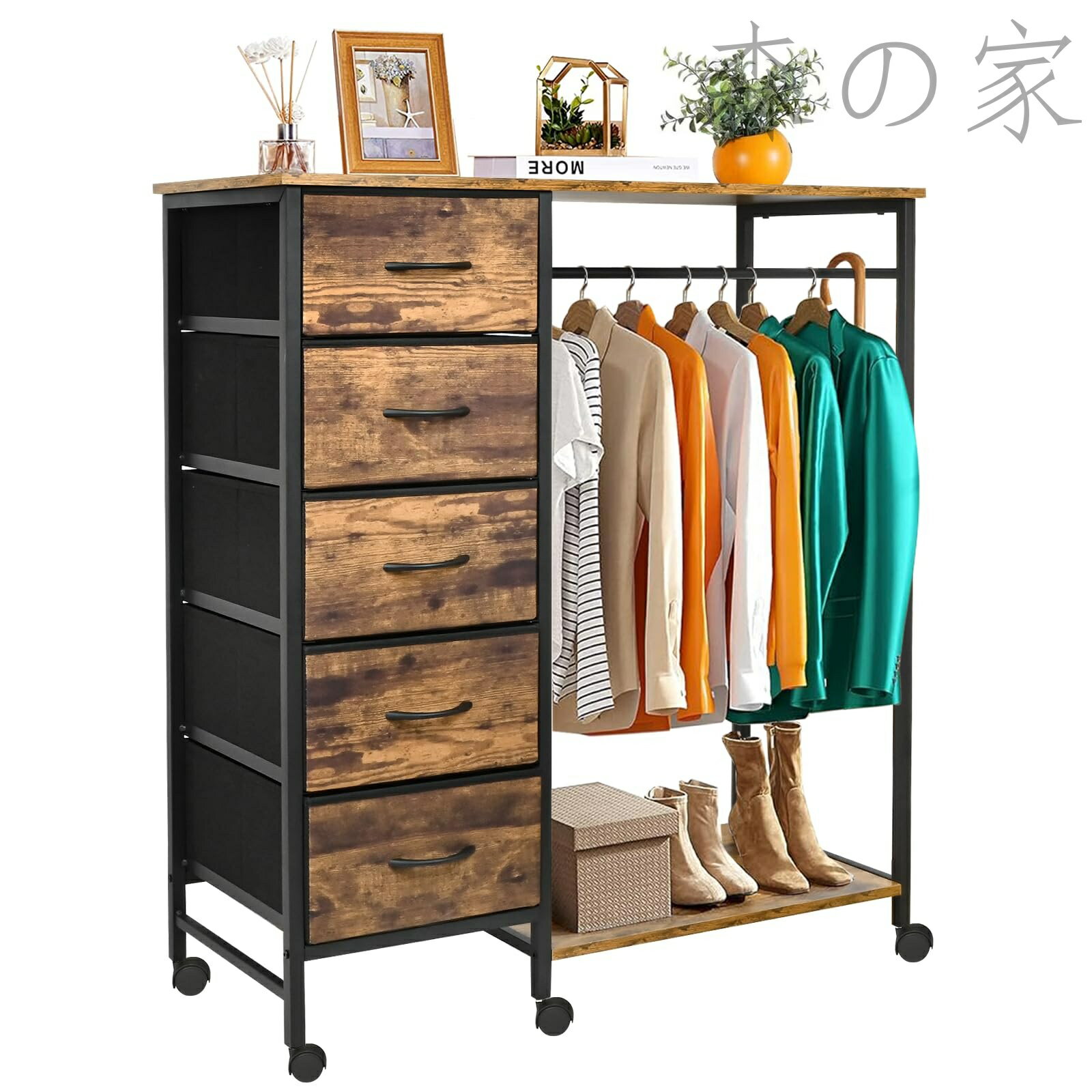 Color Chest - 【送料無料】頑丈 チェスト タンス 5段 木製 キャスター付き 引き出し 棚 収納付き 幅102×奥行40×高さ112cm 衣類収納 2年