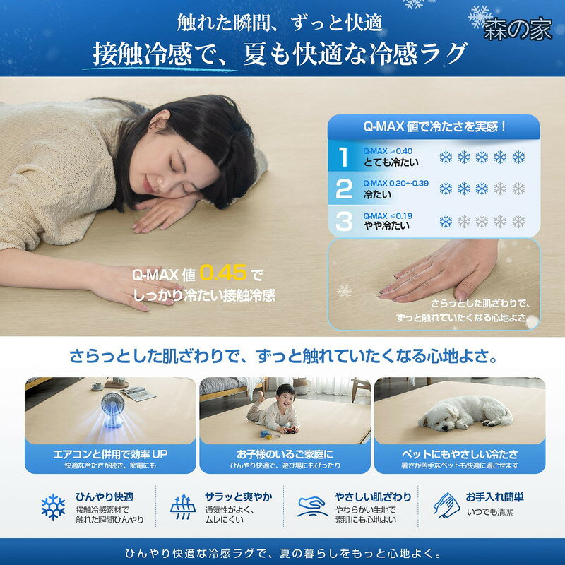 【送料無料】夏用ラグマット カーペット 冷感 ラグ 低反発 厚12mm 3畳 ひんやり 接触冷感 Q-MAX0.45 夏 滑り止め 防音ウレタン 吸湿速乾 節電対策 防音 防臭 防ダニ加工 19 morinoya-light-10046471 森の家 サンプル画像3