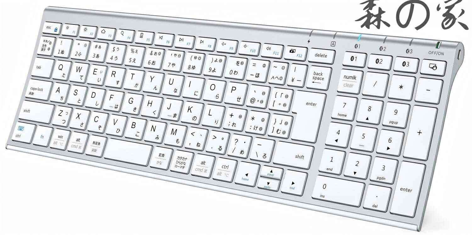 Bluetooth ワイヤレス パンタグラフ 日本語JIS配列 3台同時接続可能 テンキー付き フルサイズ 超薄型 静音設計 充電式Type-C 無線 コンパクト ラップトップ パソコン用 スマホ PC iPad用Windows Mac iOS Android対応 IC-BK22 シルバー