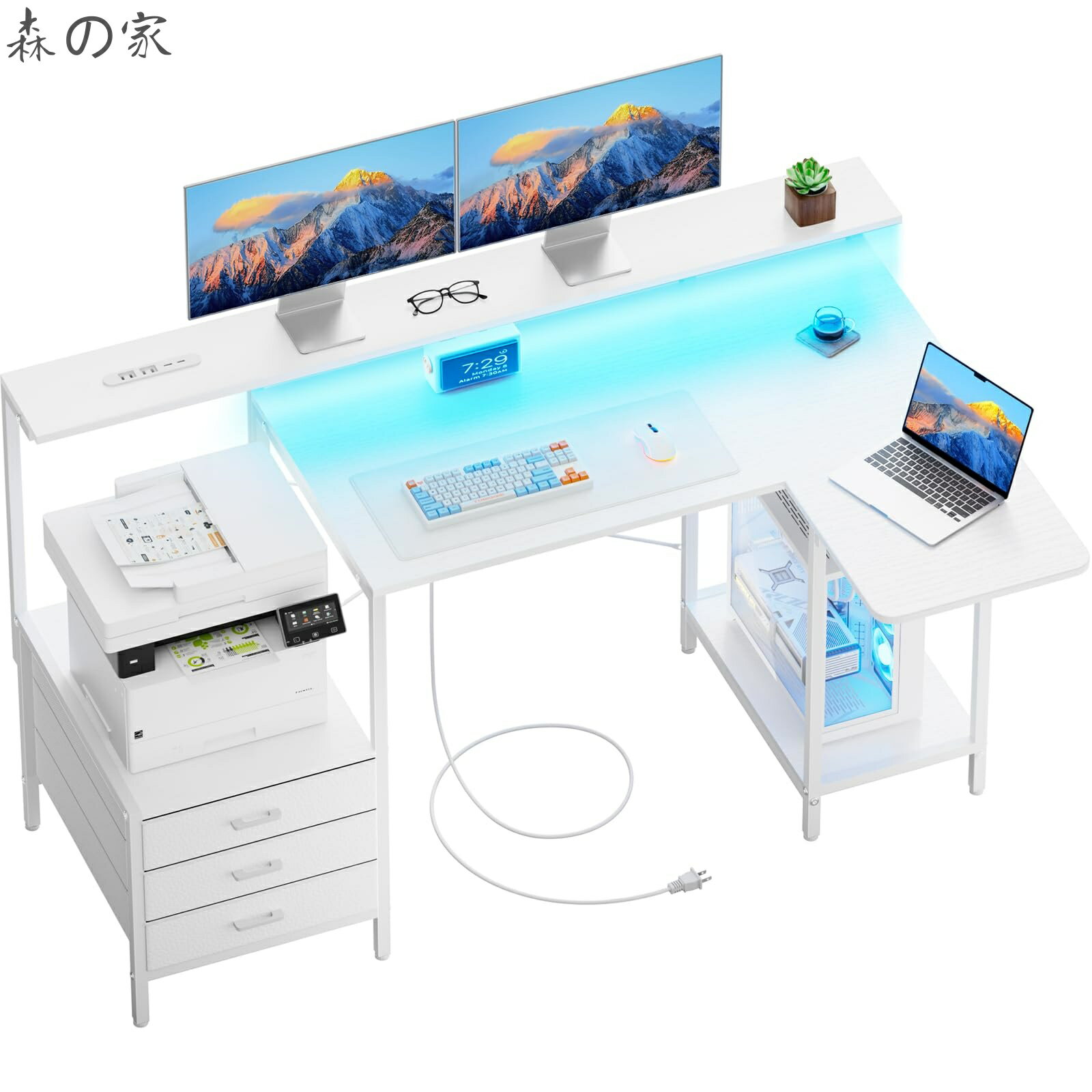 【送料無料】パソコンデスクコンセント付き ゲーミングデスク 引き出し3杯 幅140*86.2cm l字デスク折りたたみ可能RGBライト付き 机 pcデスク モニタースタンドとプリンタースタンド付き オフィスデスク 勉強机 在宅勤務 組み立て簡単(ホワイト)