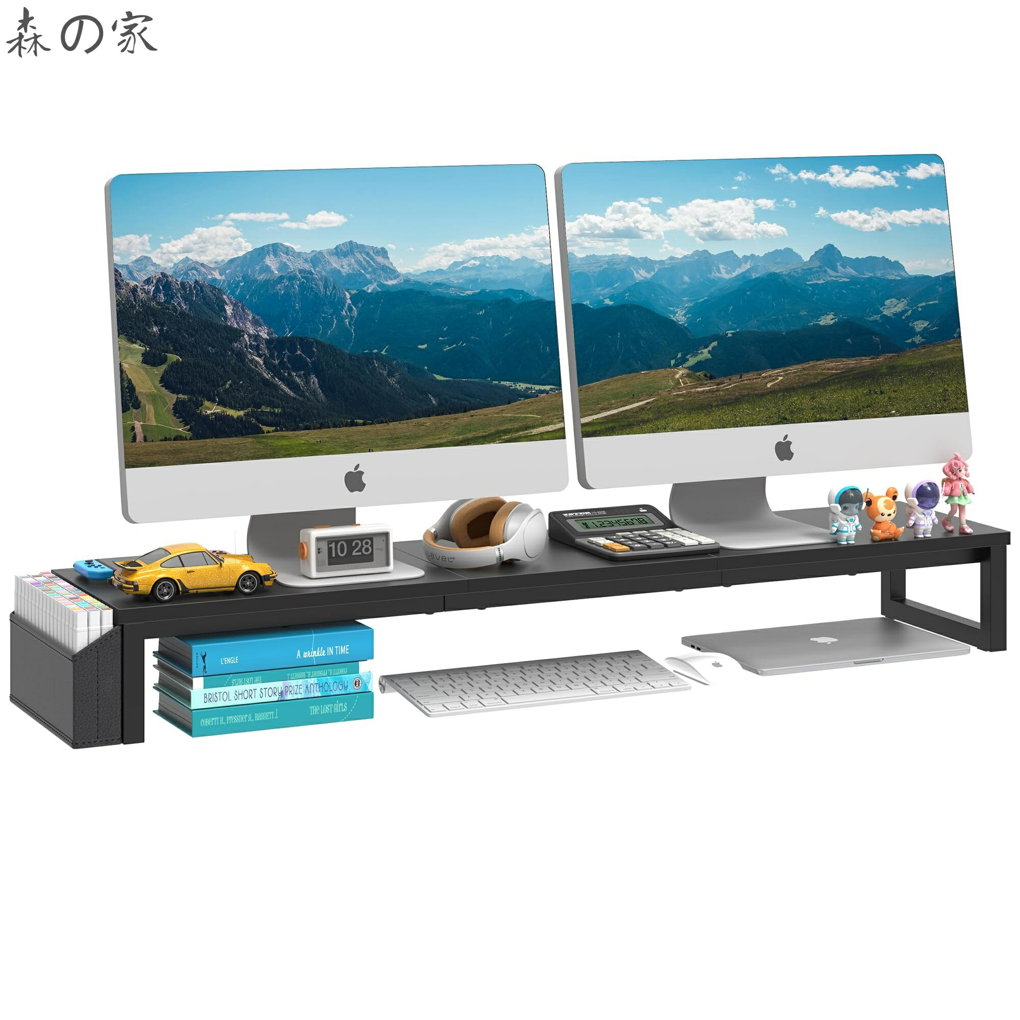 [Free Shipping] Dual Monitor Stand, 105cm Wide, Desktop Monitor Stand, Supports 2 Monitors, Wooden Top & Steel Frame, Storage Side Pocket, Computer Stand, Desk Stand for PC, Laptop, TV, Storage & Organization, Black