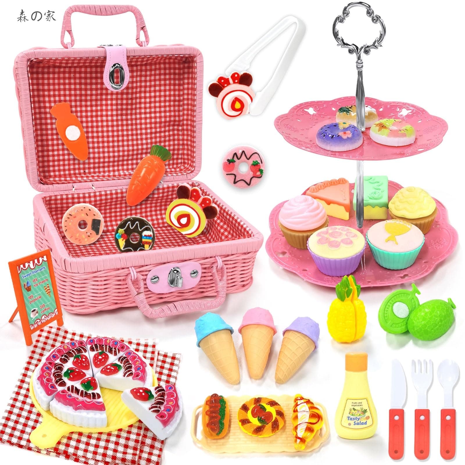 Rakuten - 【送料無料】おままごと おままごとセット 43PCS ピクニック キャンプおもちゃ 2層ケーキスタンド アイスクリーム 果物 デザート パン アフタヌーンティー ごっこ遊び 屋内遊び キッチンおもちゃ クリスマス プレゼント ハンドバッグ付き