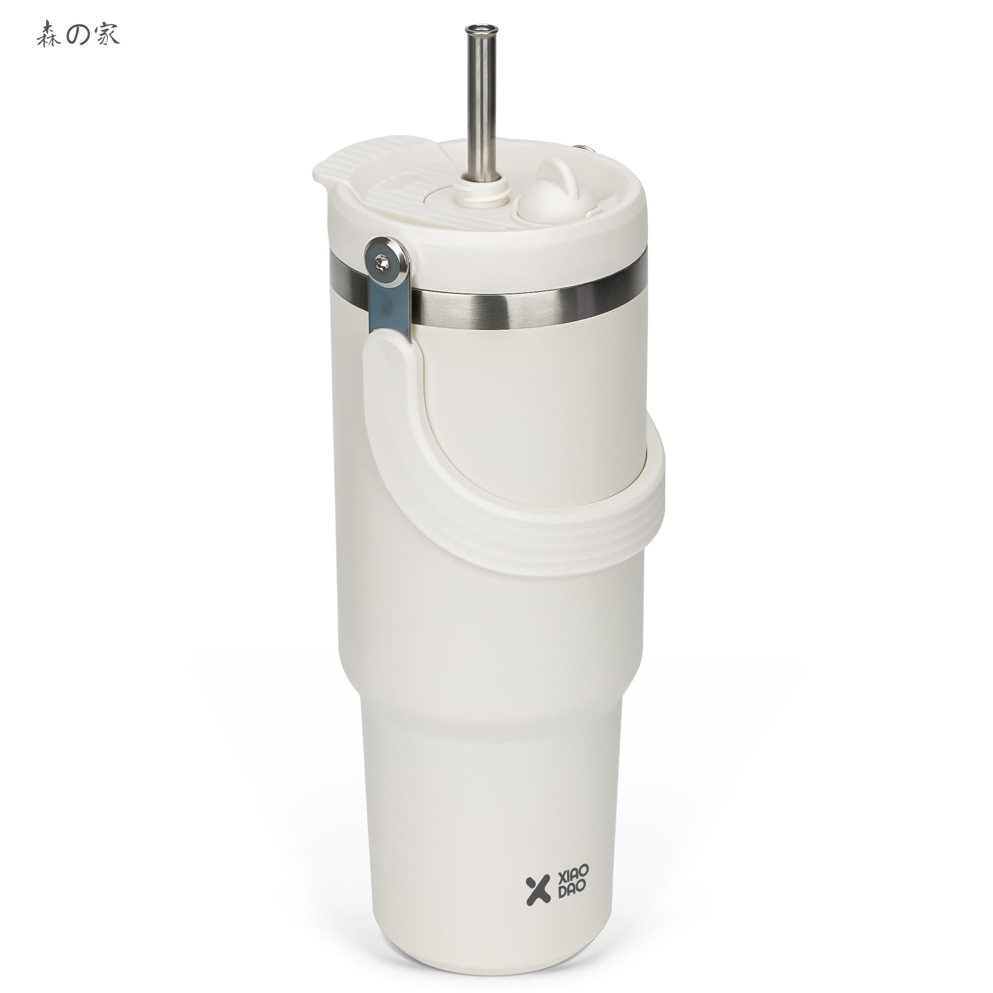Rakuten - 【送料無料】タンブラー ストロー付き 900ml 水筒 大容量 ウォーターボトル 真空断熱 保温 保冷 ステンレスボトル 広口 直飲み 蓋付き アウトドア 取っ手付き 持ち運び こぼれない ホワイト