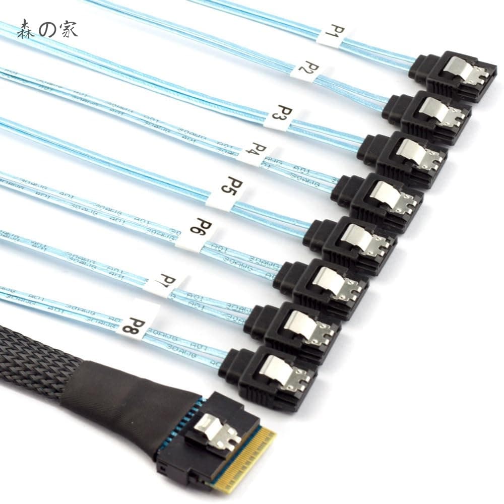 Rakuten - 【送料無料】SFF-8654 8i 74ピン スリムライン SAS 4.0 ホスト RAID から 8 SATA 7ピン ターゲット データ転送 ハードディスク ファンアウト RAID ケーブル 1 対 8 スプリッター 0.5M