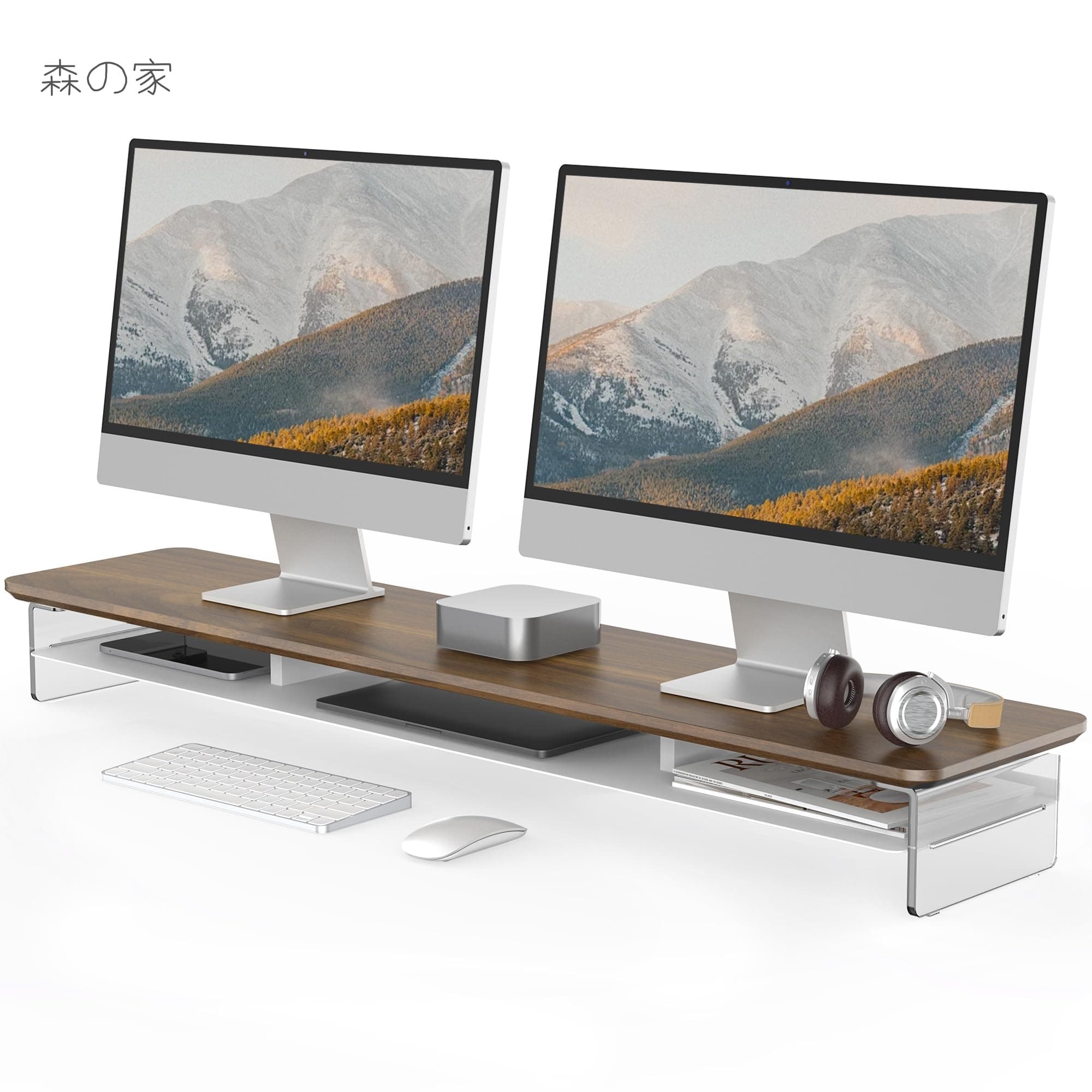 Rakuten - 【送料無料】モニター台 モニタースタンド 卓上 机上台 パソコン台 PC台 机上ラック 108cm横幅 2段 木製天板 アクリル製脚 デスクトップ用 机上 モニタースタンド 机上台 pcモニター台 パソコンラック 卓上 収納 整理整頓 (ブラウン 幅108cm)