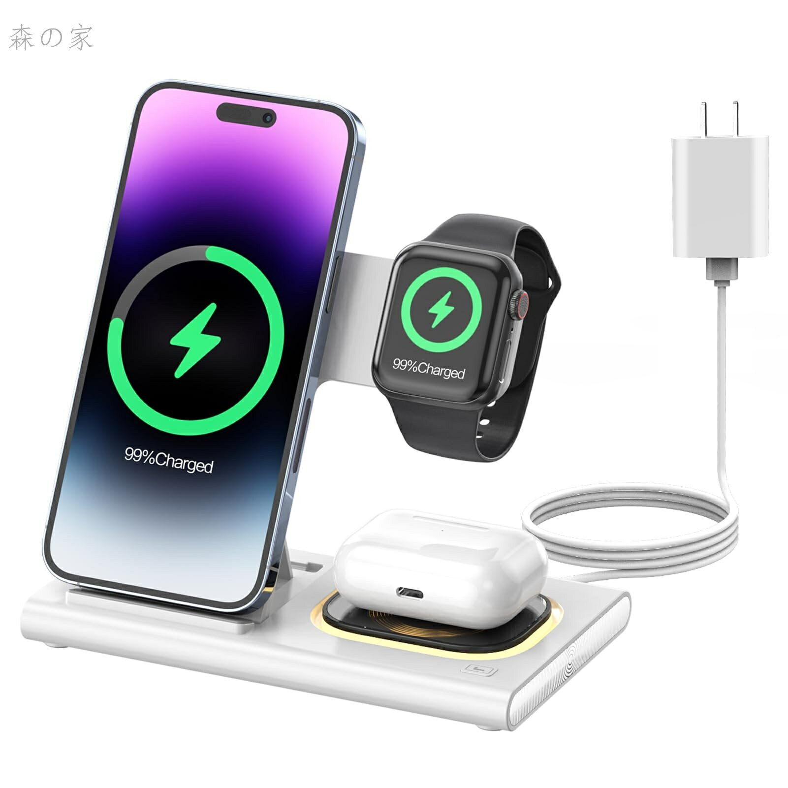 3in1ワイヤレス充電器 Compatible with iPhone17/17 Air/17 Pro/17 Pro Max/16/15/14/13/AirPods 4/Pro 3/Pro2/Apple watch Series 11/Ultra 3/ultra 2/10/9/7/8/SE 3/se2 同時充電 折りたたみ 置くだけ QC3.0アダプター付属(ホワイト)