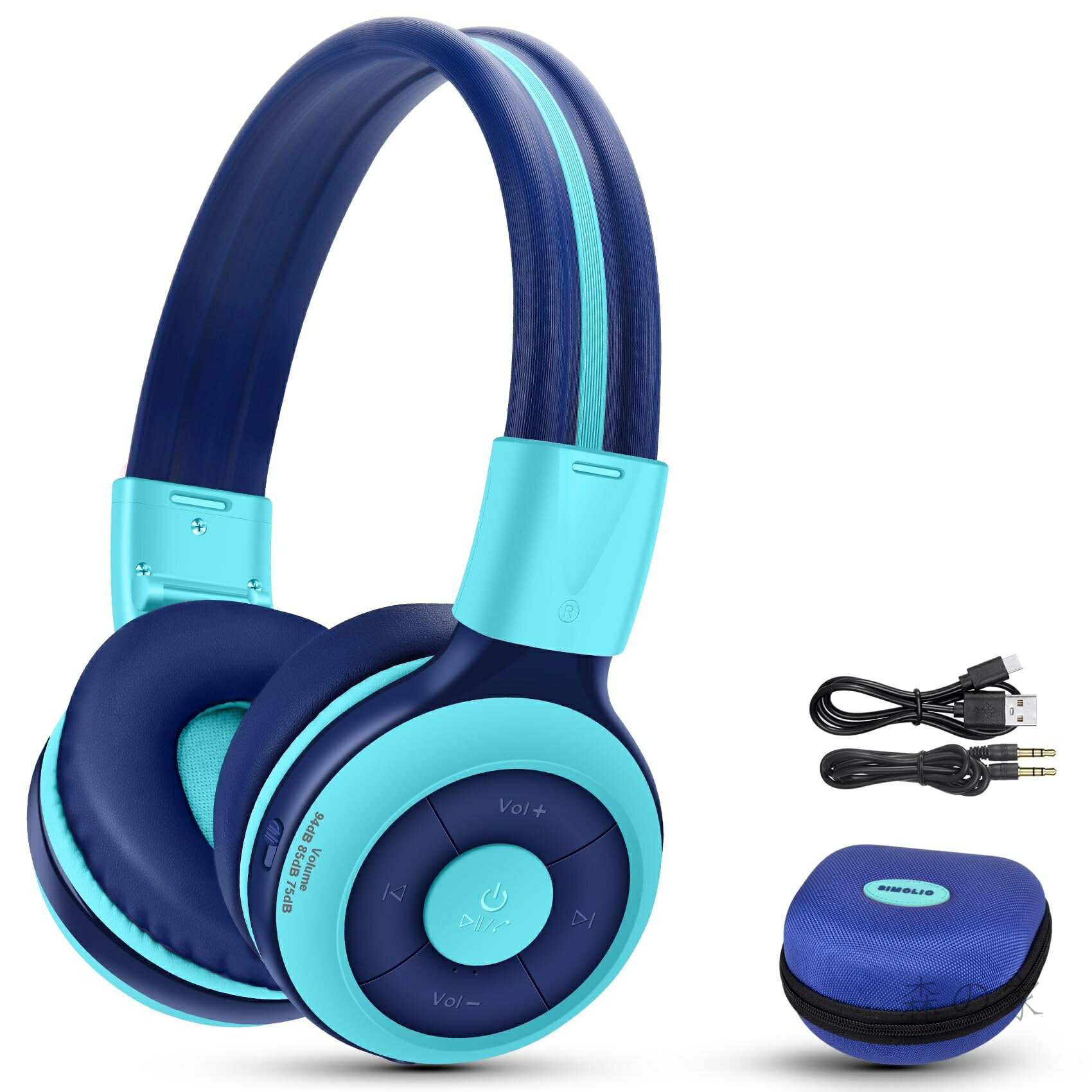 【送料無料】子供用 ワイヤレスヘッドフォン Bluetooth5.0 ヘッドセット 通話マイク付き 音量制限 聴覚保護 共有ポート 折りたたみ式 有線無線両用 ヘッドホン ゲーム機タブレットPC音楽用 ブルー 712M