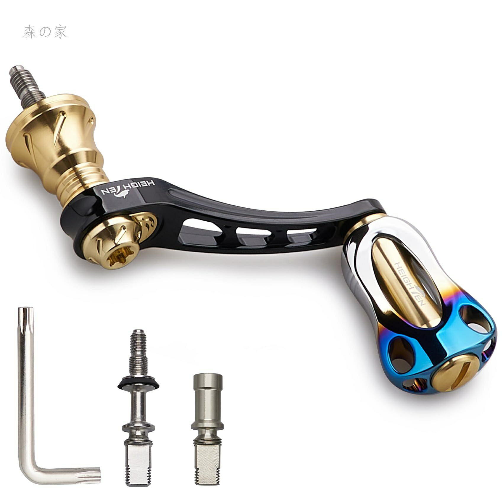 Rakuten - 【送料無料】45-50mm可変 リール ハンドル 22mm アルミ ノブ / 20mm カーボンノブ搭載 シマノ ダイワ 通用 スピニングリール 用 Arch Series (焼き色アルミノブ搭載 - ブラック＆ゴールド) (HT17403)