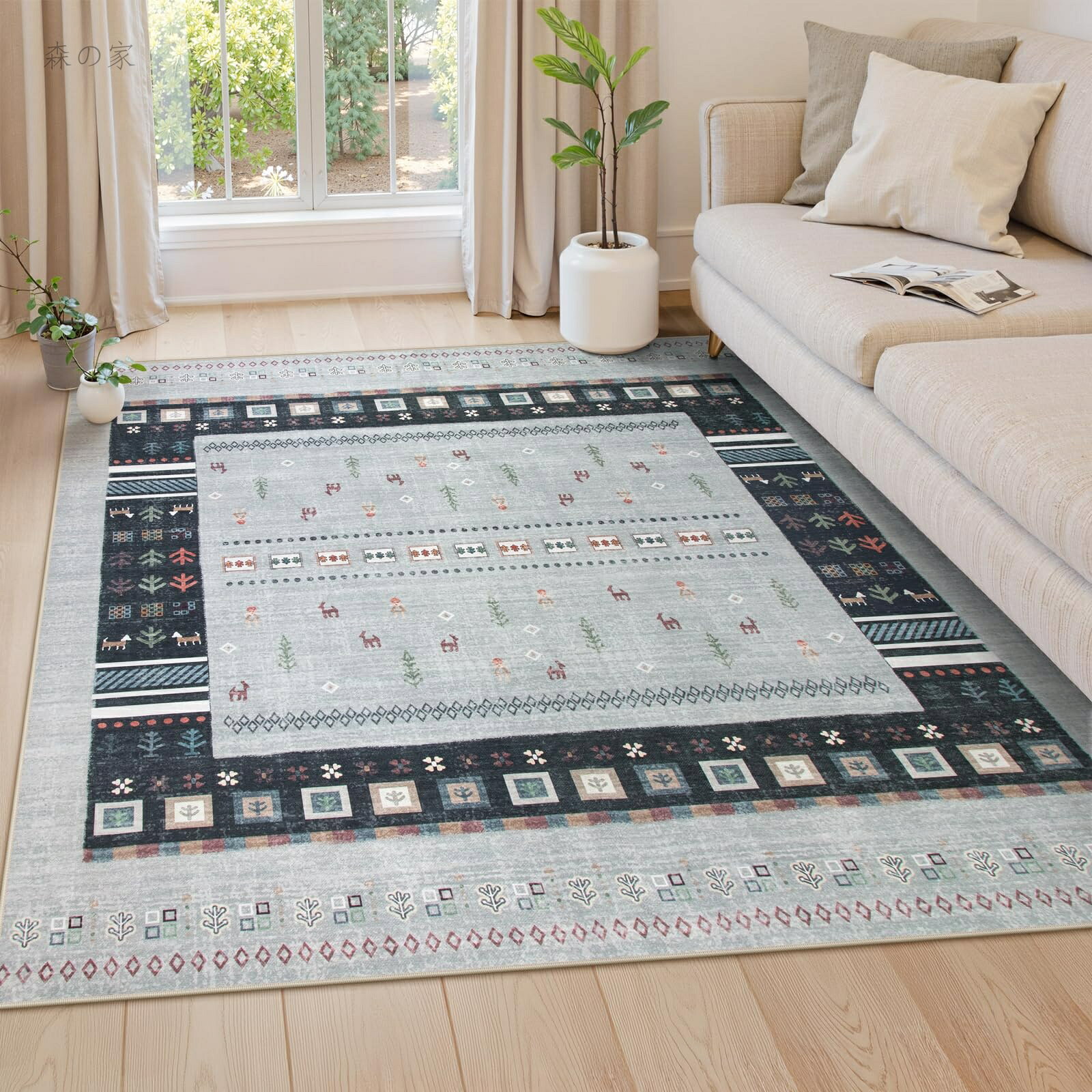 Plain - 【送料無料】カーペット 2畳 185х185cm 正方形 ラグ 洗える エスニック風 民族 ホットカーペット対応 滑り止め 床保護 防音 リビング シェニール ラグマット オールシーズン適用 抗菌防臭 耐磨耗性 薄手 ギャベ柄 グレー