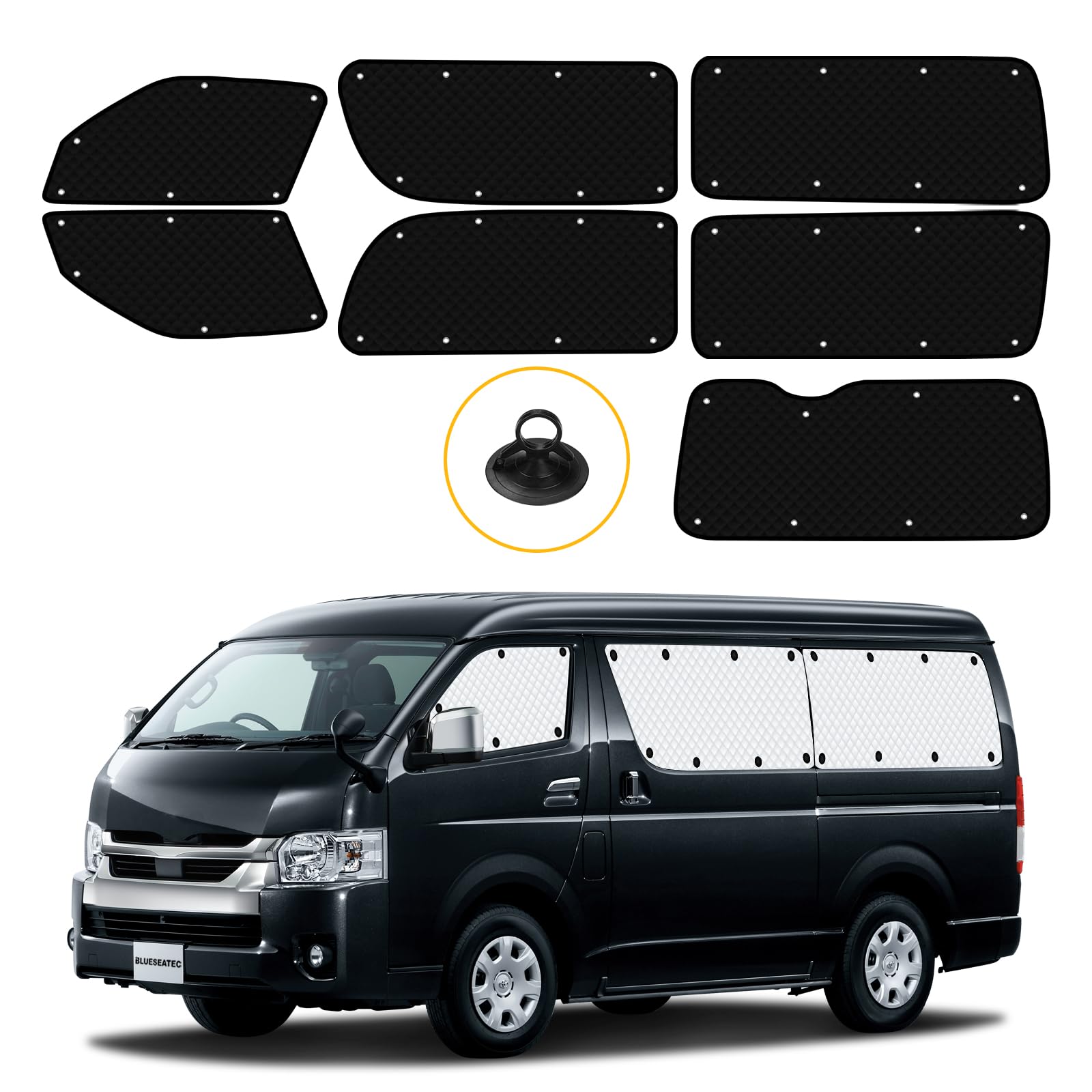 【送料無料】トヨタ ハイエース 200系 標準ボディ 遮光 カーテン サンシェード 断熱 露天駐車 16.8-現行 着脱簡単 車種専用設計 車中泊 日除け 収納袋付き 7枚セット