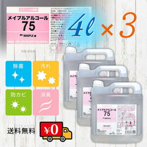 【送料無料】メイプルアルコール 75%　除菌 消毒 手指消毒 感染症対策 高濃度 4L　4リットル×3本セット　ノズル付き　医療　介護 オフィス 厨房 ウイルス 家庭用 業務用　アルコール製材　75度　消毒液