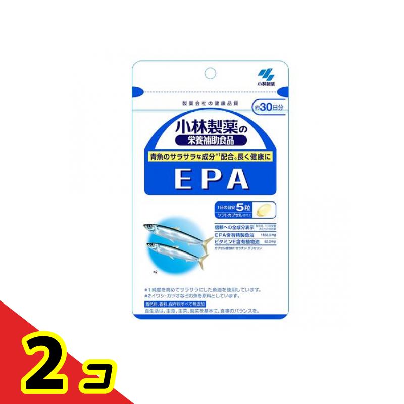 【商品名】 小林製薬の栄養補助食品 EPA 【このような場合に】 外食の多い方、魚を食べる機会が少ない方、背の青い魚は苦手という方 【保管上の注意】 直射日光を避け、湿気の少ない涼しい所に保存してください。 【製造販売会社】 小林製薬 【ご使用について】 栄養補助食品として1日5粒を目安に、かまずに水またはお湯とともにお召し上がりください。 ※短期間に大量に摂ることは避けてください。 【原材料】 【信頼への全成分表示】製造時、1日目安量あたりの含有量 EPA含有精製魚油 1188.0mg、ビタミンE含有植物油 62.0mg ●カプセル被包材 ゼラチン、グリセリン 【栄養成分表示】1日目安量(5粒)あたり エネルギー 15kcaL、たんぱく質 0.62g、脂質 1.3g、炭水化物 0.095g、食塩相当量 0～0.0036g、ビタミンE 1.5～8.5mg、EPA 285.6mg、DHA 122.4mg 【原材料名】 EPA含有精製魚油、ゼラチン/グリセリン、ビタミンE 製品の特徴 ●EPA含有精製魚油とビタミンE含有植物油をバランスよく配合した栄養補助食品です。 ●EPA(エイコサペンタエン酸)はイワシやサバなど背の青い魚の油に多く含まれる不飽和脂肪酸のひとつです。 ●本品は、1日5粒でEPAが336mg摂取できます。 ●外食の多い方、魚を食べる機会が少ない方、健康的な脂肪酸バランスを応援します。 ●背の青い魚は苦手という方に特におすすめのサプリメントです。 ●着色料、香料、保存料すべて無添加。