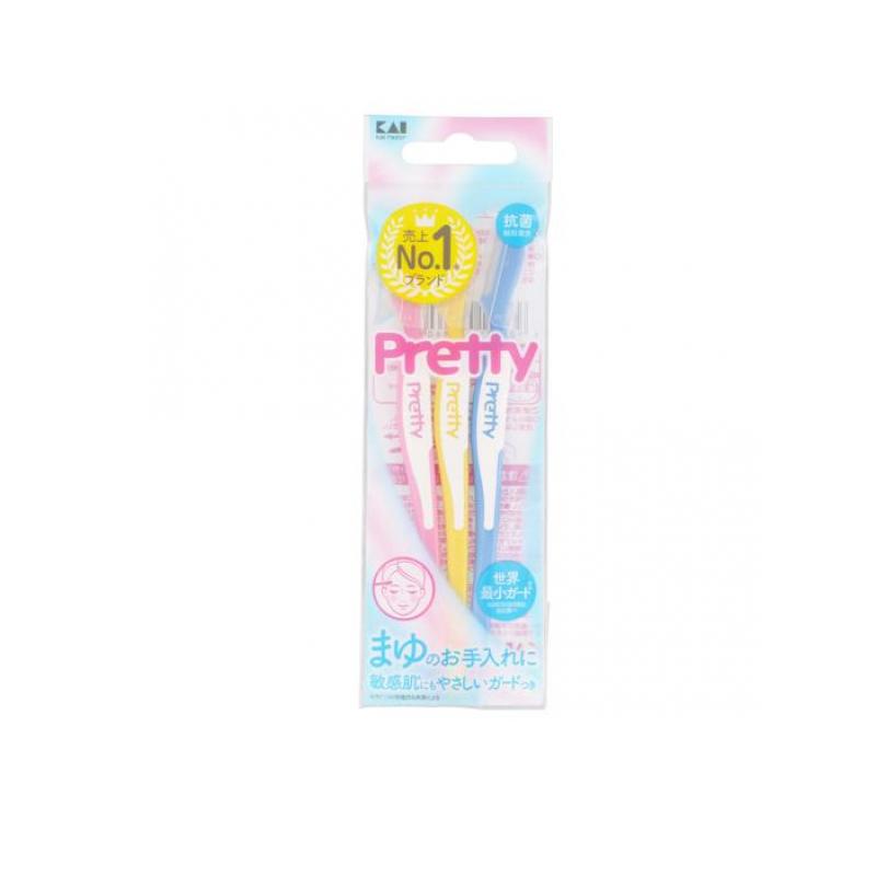 【商品名】 貝印 Pretty(プリティー) アイブロー 【保管上の注意】 ・乳幼児の手が届かない安全な場所に保管してください。 ・未使用のカミソリは乾燥した所に保管してください。 【製造販売会社】 貝印（KAI） 【ご使用について】 【使用方法】 刃先をキャップに当てないよう、注意しながらカミソリを抜き差ししてください。 【使用上の注意】 ・まゆそり用カミソリです。その目的以外に使用しないでください。 ・刃先を拭かないでください。肌を痛めるおそれがあります。 ・そる部分にクリーム、またはよく泡立てた石鹸などをつけて、使用してください。カミソリを持つ手がすべらないように注意してください。 ・使用後はよくすすぎ、水気をきってからキャップをして、乾燥した所に保管してください。 ・70度以上の熱湯に入れないでください。変形することがあります。 【素材】 ●刃 ステンレス刃物鋼　チタンコーティング刃先処理 ●フィルムガード 特殊樹脂フィルム　 ●樹脂部 ABS・TPE　 ●キャップ PP 製品の特徴 ●女性の使いやすさがキーワード!鏡を見ながらの眉のお手入れがしやすいようにハンドル形状に角度が付いています。 ●安全ガード付きで、肌にやさしく横滑りをしても肌を切りにくい仕様です。 ●まゆそり用。