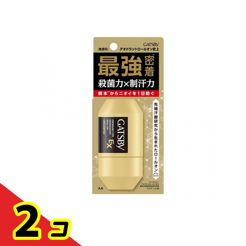 【商品名】 ギャツビー EXプレミアムタイプデオドラントロールオン 無香料 【効能・効果】 わきが（腋臭）、皮ふ汗臭、制汗 【製造販売会社】 マンダム（mandom） 【ご使用について】 【使用方法】 ●容器をよく振った後、一度さかさにしてから、ワキの下などニオイの気になるところに適量を塗ってください。 ●上向きでご使用ください。 ●乾いた後で衣服を着てください。 ●使用後はキャップをきちんと閉めてください。 ●ボールが回りにくいときは指で回してからお使いください。 ●ボール部に白い結晶ができても効果に影響はありません。 【注意事項】 ●顔・粘膜への使用は避け、除毛直後や肌に傷のあるときは使わないでください。 ●お肌に異常が生じていないかよく注意して使用してください。傷やはれもの・湿疹等異常のあるときは使わないでください。使用中又は使用後日光にあたって、赤味・はれ・かゆみ・刺激・色抜け(白斑等)や黒ずみ等の異常がでたら使用を中止し皮フ科医へご相談ください。そのまま使用を続けると症状が悪化することがあります。 ●メントールの冷感刺激に弱い方、肌の弱い方は使用をお控えください。 ●高温になるところには置かないでください。 ●乳幼児や認知症の方などの誤飲等を防ぐため置き場所にご注意ください。 ●皮フ科医等へご相談の際は全成分情報が必要となることがありますので、この箱を大切に保管してください。 【成分・添加物】 ●有効成分：クロルヒドロキシアルミニウム、イソプロピルメチルフェノール、塩化ベンザルコニ ウム液 ●その他の成分：エタノール、精製水、ポリエチレングリコール400、常水、トリ2-エチルヘキサン酸グリセリル、l-メントール、ヒドロキシプロピルセルロース、アクリル酸アルキル共重合体エマルション(1)、グリチルリチン酸モノアンモニウム、ポリエチレングリコール 製品の特徴 ●マンダム ギャツビー EXプレミアムタイプデオドラントロールオン 無香料（mandom GATSBY EX PREMIUM TYPE DEODRANT ROLL ON UNSCENTED） ●先端汗腺研究から生まれた“根本(*1)から”ニオイの発生を防ぐEXプレミアムタイプのデオドラントロールオン。 ●シリーズ史上最強(*2)の密着処方で汗が出ても有効成分が流れにくく、肌にとどまり続ける。 ●2種の殺菌成分配合で汗・皮脂が出やすい男性の肌でもしっかりニオイを防ぐ。 ●吸水速乾成分を配合しているため汗が漏れ出ても素早く乾き、快適肌が続く。 ●人間工学に基づいたボトル形状とビッグボールで塗りやすい容器設計。 ●販売名：デオドラント ロールオンOA 〈医薬部外品〉 ［*1：汗・ニオイ菌］ ［*2：ギャツビー デオドラントロールオン各シリーズ比］