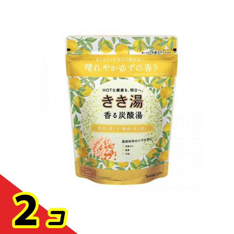 【商品名】 きき湯 香る炭酸湯 ゆずの香り 薬用入浴剤 【効能・効果】 疲労回復、冷え症、肩のこり、腰痛、うちみ、くじき、神経痛、リウマチ、しもやけ、痔、ひび、あかぎれ、荒れ性、あせも、しっしん、にきび、産前産後の冷え症 【保管上の注意】 ●パウチの中に水を入れない。万一パウチに水が入った場合は、発泡が収まるまでチャックを開けて放置する。 ●チャックをしっかり閉め、乳幼児の手の届く所や直射日光の当たる場所、高温・多湿の所に置かない。 ●品質保持のため他の容器につめかえない。 ●パウチ開封後はできるだけ早めに使用する。 【製造販売会社】 バスクリン（BATHCLIN） 【ご使用について】 【使用方法】 ●お風呂のお湯（200L）に約30g（付属の計量スプーンで1杯分）の割合でツブ剤を溶かしてから入浴します。 ●さら湯で洗い流さず、そのままお上がりください。 ●発泡中に顔を湯面に近づけると、まれにせき込む場合があります。 【使用上の注意】 ●皮フ又は体質的に異常がある場合は、医師に相談の上使用する。 ●使用中や使用後、皮フに発疹、発赤、かゆみ、刺激感等の異常が現れた場合、使用を中止し、皮フ科医に相談する。使い続けると症状が悪化することがある。 ●本品は食べられない。万一大量に飲み込んだ場合は、水を飲ませる等の処置をし、医師に相談する。 ●本品と他の入浴剤の併用は避ける。 ●入浴以外の用途には使用しない。 ●浴槽の汚れは早めに浴槽用洗剤で落とす。時間がたつと落ちにくくなり入浴剤の色素が付着して色がつくことがある。 ●本品には浴槽・風呂釜をいためるイオウは入っていない。 ●入浴剤を溶かしたお湯を追いだきすると、ごくまれに配管や風呂釜の汚れが出てくることがある。 【残り湯について】 ●残り湯は洗濯に使用できるが、すすぎとつけおきは清水で行うこと。ただし次の衣料には使用しない。着色する場合がある。 (1)柔軟仕上げを強く掛けた衣料 (2)おろしたてや大切な衣料 ●残り湯には無機塩が多く含まれるので、鉢植えや大切な植物への水やりに使わない。 【成分・添加物】 ●有効成分：炭酸水素Na、炭酸Na、乾燥硫酸ナトリウム ●その他の成分：DL-リンゴ酸、フマル酸、L-グルタミン酸ナトリウム、コメヌカ油（リッチオリザ）、PEG（120）、PVP、軽質イソパラフィン、POE（カプリル・カプリン酸）グリセリル、酸化Mg、エチレンジアミンテトラPOE・POP、BHT、香料、黄4、赤227 製品の特徴 ●バスクリン きき湯 香る炭酸湯 ゆずの香り ●薬用入浴剤 ●光を浴びて輝くやさしいゆずの香りで、気分晴れやか。 ●温浴効果を高めて、ゆらぎがちな毎日の諸症状（だるい疲れ・肩こり・腰痛・冷え症）を緩和します。 ●重曹・芒硝（温泉ミネラル：有効成分）・炭酸ガス（温泉ガス）が温浴効果を高め、「ぬくもりベール」で湯上がり後も心地よい温まり感が続きます。 ●天然精油配合（香料成分） ●つめかえ要らずそのまま使えるパック ●使いやすい計量スプーン付き ●赤ちゃん（生後3か月以上）と一緒に入浴する時も使えます ●エコキュート（環境配慮型給湯システム）使用OK ●香り：ゆずの香り ●お湯の色：ゆずイエローの湯（透明タイプ） ●医薬部外品 ●販売名：きき湯FSK-Y