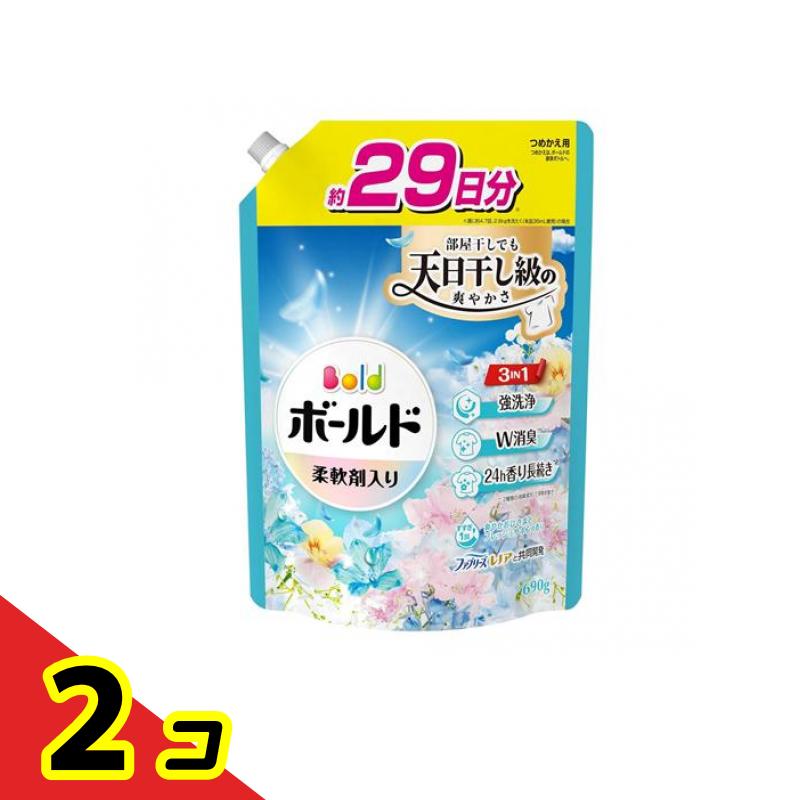 【商品名】 ボールド 柔軟剤入り洗濯洗剤 爽やかおひさまとフレッシュサボンの香り 【製造販売会社】 プロクター・アンド・ギャンブル・ジャパン（P&Gジャパン） 【ご使用について】 【お洗濯アドバイス】 ●頑固な汚れには直接塗って、少し(5分程度)おいてから、洗濯機で洗うとより効果的です。 ●洗う前に、衣類の取り扱い絵表示をたしかめてください。ウールやデリケートな衣類など、パッケージ記載の絵表示のある衣料品のお洗濯には使わないでください。 【使用量の目安】 水30Lに対して洗剤約27mL ※製品に蛍光剤は配合しておりませんが、生産工程上微量に含まれることがあります。 【素材】 界面活性剤(20％：ポリオキシエチレンアルキルエーテル、直鎖アルキルベンゼンスルホン酸塩、アルキルエーテル硫酸エステル塩、純せっけん分(脂肪酸塩))、安定化剤、香料、pH調整剤、水軟化剤 製品の特徴 ●Bold ボールドジェル 爽やかおひさまとフレッシュサボンの香り ●柔軟剤入り 洗濯洗剤 液体 ●3in1：強洗浄・W消臭(*1)・24h香り長続き(*2) ●ファブリーズ レノアと共同開発 ●すすぎ1回OK ●部屋干しにも ●10％濃縮(*3)！少ない量で同じだけ洗える ●品名：洗濯用合成洗剤 ●用途：綿、麻、合成繊維用 ●液性：弱アルカリ性 ［*1：2種類の消臭成分］ ［*2：保管状態で］ ［*3：2024年のボールドジェルシリーズ比］