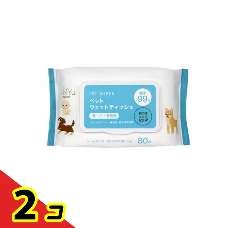 【商品名】 明石通商 ペット ウェットティッシュ 耳、口、目元用 【製造販売会社】 明石通商 【ご使用について】 【注意事項】 ・ご使用後はラベルシール、フタをきちんと閉じて中身が乾燥しないようお気を付けください。 ・ティッシュは水に溶けません。トイレなどに流さないでください。 ・本来の用途以外に使用しないでください。 ・開封後はなるべくお早目にお使いください。 ・ペットのお肌に異常がある場合、お肌に合わない場合は直ちにご使用をお止めください。 ・火気の近くで使用しないでください。 ・一度使用したティッシュを再利用しないでください。 ・自治体の指示に従って廃棄してください。 【素材】 ●成分：精製水、防腐剤、クエン酸、界面活性剤、保湿剤、除菌剤、桃の葉エキス ●素材：ポリエステル、レーヨン 製品の特徴 ●ふんわり柔らかな肌触りの不織布が手になじみやすいのでしっかり汚れをふき取ります。 ●涙やけやヨダレ汚れも、サッと拭いてスッキリ。 ●純水99％ ●桃の葉エキス配合 ●アルコールフリー ●無香料 ●着色料不使用 ●内容量：80枚入り ●シートサイズ(約)：130×180mm ●生産国：中国