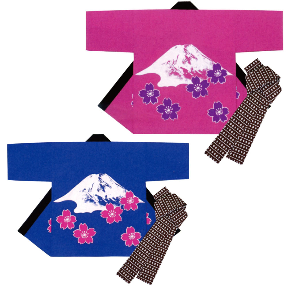 【半纏・法被】シルクプリント袢天 セット帯付 富士山 ピンク 青 B9509 9510【お祭用品/祭用品/お祭り/祭り小物】【はっぴ・はんてん・半被・袢纏】