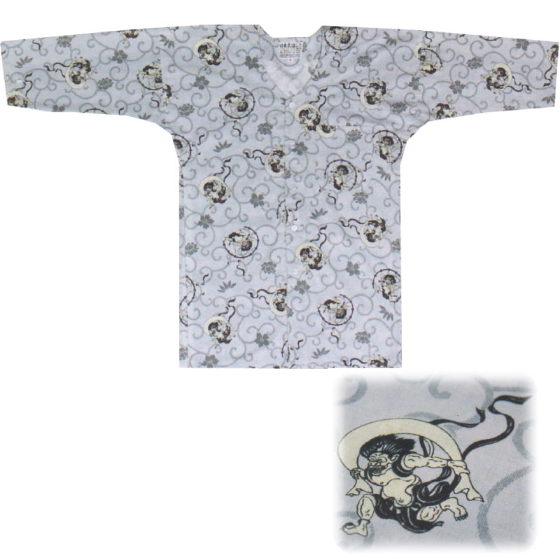 【メーカー在庫限り】【お祭り用品・衣装】鯉口シャツ 唐草に風神雷神 水色 変わり織生地 M・L D9423