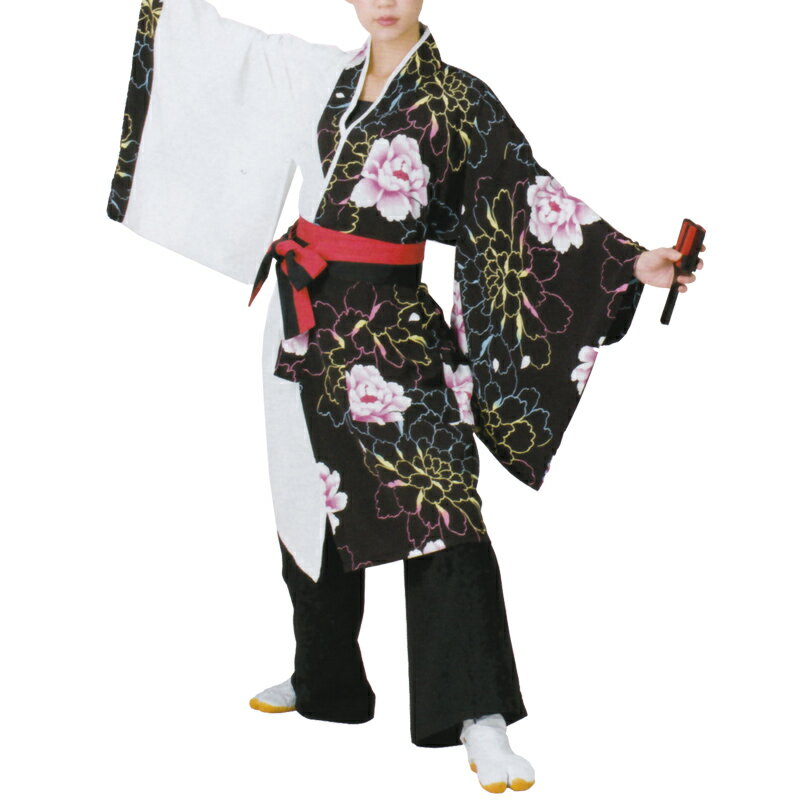 【メーカー在庫限り】おどり袢天 白/黒 花柄 B8530【よさこい/踊り衣裳/祭用品/お祭り/祭り小物】【はっぴ・はんてん・半被・袢纏】
