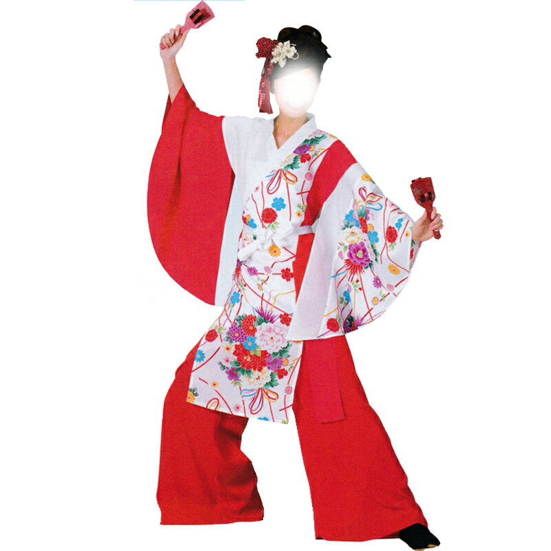 よさこい衣装 上衣 C60028 赤白花柄【よさこい/踊り衣裳/お祭用品/まつり用品/お祭り】