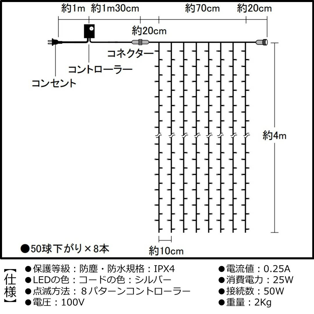 クリスマス イルミネーション カーテンライト LED 電球色 400球 防塵・防水：IPX4 100V コントローラー点滅式 電源部セット