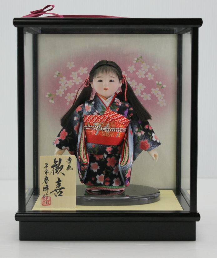 4号市松人形さくらNo.12木製枠ガラスケース扇桜バック飾り 【雛祭り】 【ひな人形】