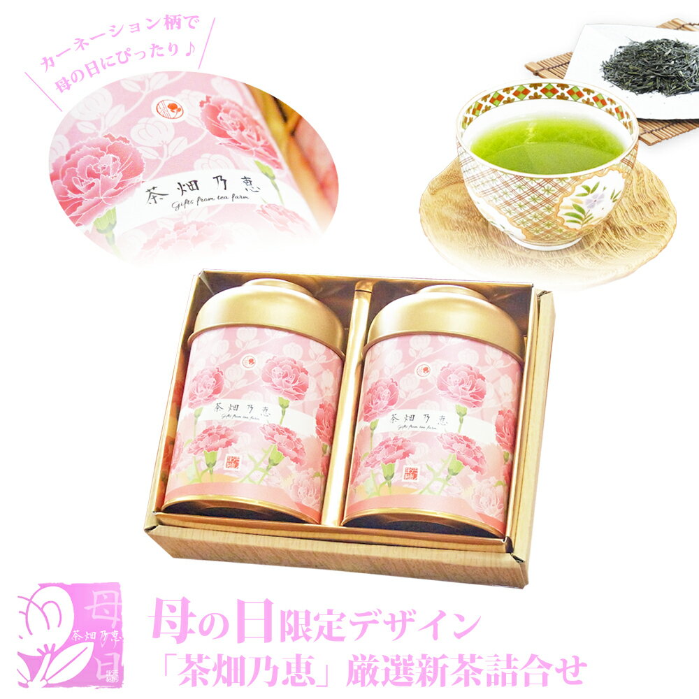 母の日のプレゼント　新茶ご予約　カーネーションの巻紙デザイン【数量100個限定】　茶畑乃恵　新茶＜母の日限定仕様＞　厳選深蒸し茶2缶詰合せ　創業九十余年お茶のモリタ園