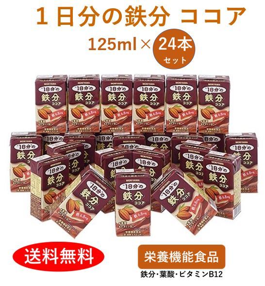 守山乳業 [1日分の鉄分ココア]125ml 24本 栄養機能食品 鉄 葉酸 ビタミン12 送料無料 アイスココア 詰め合せ セット 飲料 お徳用 ドリンク おいしい 健康飲料 美味しい 健康ドリンク ココア飲料 ギフト ジュース ホットココア 液体