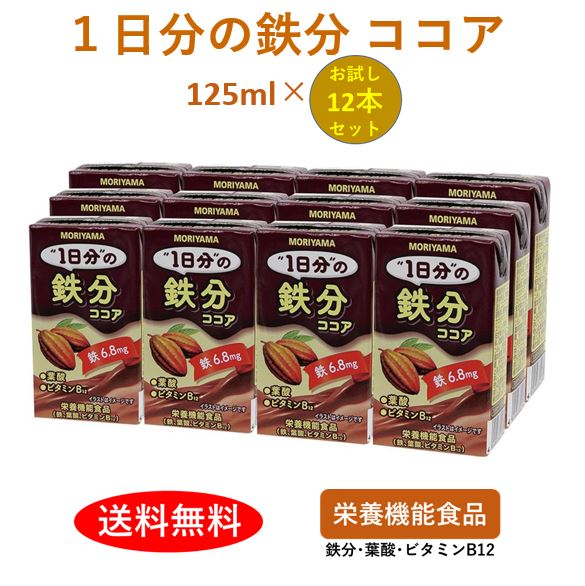 【スーパーSALE10%オフ：お試し12本】 守山乳業 [1日分の鉄分]ココア125ml 12本 栄養機能食品 鉄 葉酸 ビタミン12 送料無料 ココア アイスココア 詰め合わせ セット 飲料 お徳用 ドリンク おいしい 健康飲料 美味しい 健康ドリンク ココア飲料 ジュース