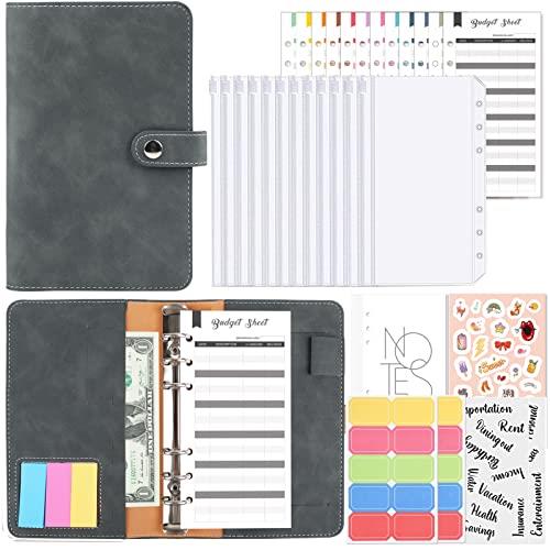 Sitengle A6 バインダー 6穴 予算バインダー PUレザー ポケット12個付き ラベル付き便利セット お金管理 手帳 家計管理 書類・伝票・名刺・メモ紙入れ ルーズリーフバインダー システム手帳 多色選択 (ダークグレー)