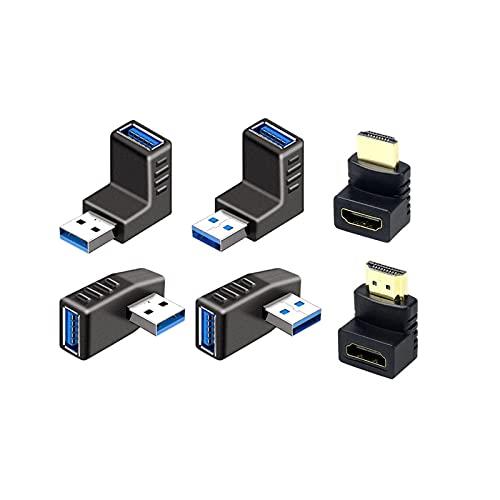 YFFSFDC USB コネクタ 直角 アダプタ 右向き/左向き/上向き/下向き USB 3.0 アダプタ 4個セット ＆HDMI変換アダプタ 90度+270度 2個セット L型 オスtoメス 方向 変換 延長 コネクタ