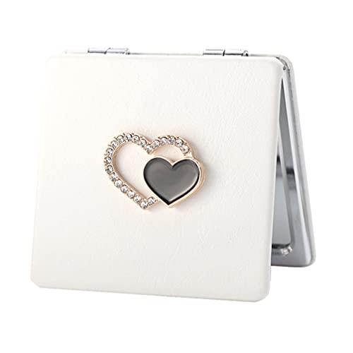 BESTOYARD 手鏡 双面 化粧鏡 金属 PU 北欧風 女優ミラー 折りたたみ可能 鏡 方形 コンパクト ハート ラインストーン 彼女にプレゼント 小型 持ち運びに便利 メイク用