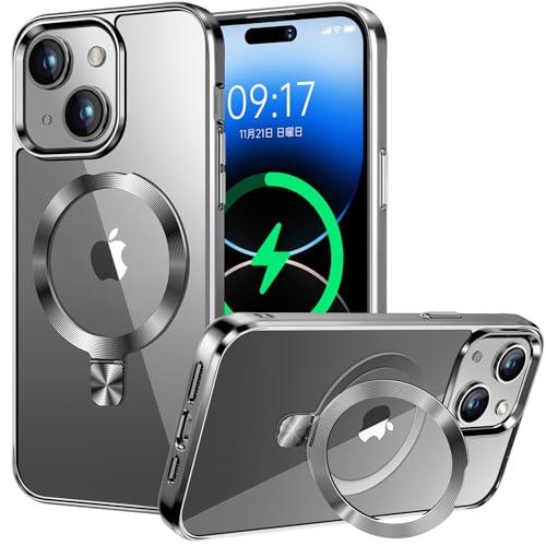【CD MagSafeリング・四色チタニウム】iPhone 15 用クリアケース[MagSafe対応・隠しスタンド] [本体の色・メッキバンパー]ストラップホール付き 角度調整可 米軍MIL規格取得・耐衝撃 アイホン15透明ケース スマホケース15 人気 6.1インチ(チタングレー)
