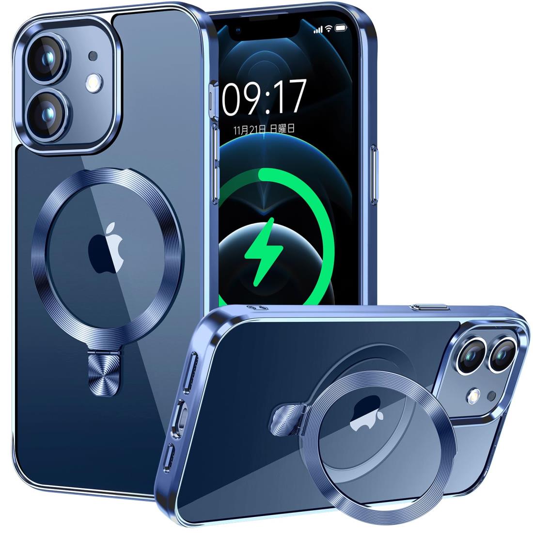 CSZENMEN【CD MagSafeリング・スタンド一体】iPhone12 用クリアケース[MagSafe対応・隠しスタンド] [本体の色・メッキバンパー]ストラップホール付き 角度調整可 米軍MIL規格取得・耐衝撃 アイホン12透明ケース スマホケース12 人気 6.1インチ(ブルー)