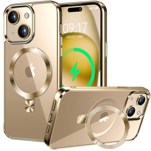 【CD MagSafeリング・四色チタニウム】iPhone 15 用クリアケース[MagSafe対応・隠しスタンド] [本体の色・メッキバンパー]ストラップホール付き 角度調整可 米軍MIL規格取得・耐衝撃 アイホン15透明ケース スマホケース15 人気 6.1インチ(ゴールド)