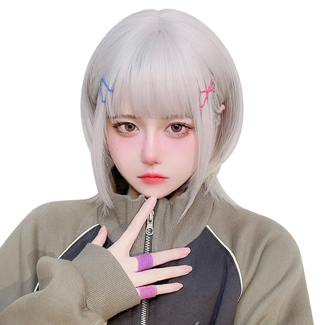 FESHFEN ウィッグ ボブ ショート フルウィッグ かつら レディーズ 女性用 女装 ストレート カツラ 自然 小顔効果 wig 女装 ハロウィン 小顔 原宿系 ロリータ ぱっつん前髪 日常 耐熱 ネット/櫛付き アイスシルバー