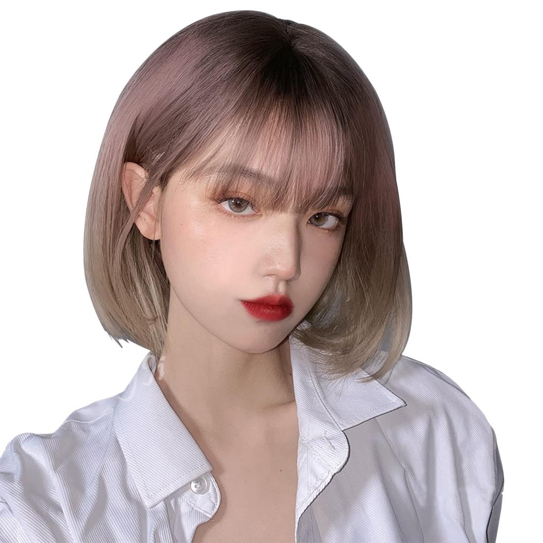 FESHFEN ウィッグ ボブ ショート フルウィッグ かつら レディーズ 女性用 女装 ストレート カツラ 自然 小顔効果 wig 女装 ハロウィン 小顔 原宿系 ロリータ ぱっつん前髪 日常 耐熱 ネット/櫛付き ローズゴールドのサムネイル