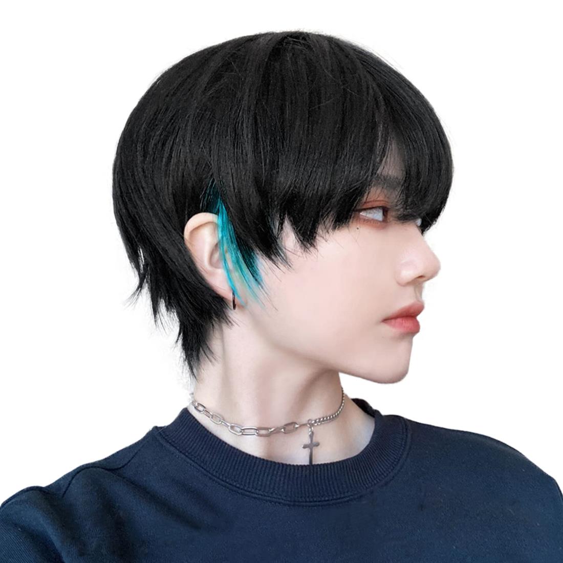 BARSDAR ウィッグ メンズ 男装 かつら ショート インナーカラー フルウィッグ 黒 男性 原宿 イケメン ハンサム 自然 小顔 耐熱 人気 ファッション イメチェン 男女兼用 グラデーション 短髪 ネット/櫛付き ナチュラルブラック×浅葱色