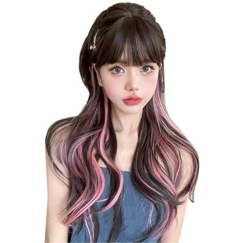 BARSDAR ウィッグ ロング 巻き髪 インナーカラー フルウィッグ ウェーブ 自然 女装 ウィッグ ウェーブ wig 原宿系 グラデーション お洒落 ファッション 可愛い レディース 小顔 耐熱 ネット/櫛付き ブラックブラウン&ピンク